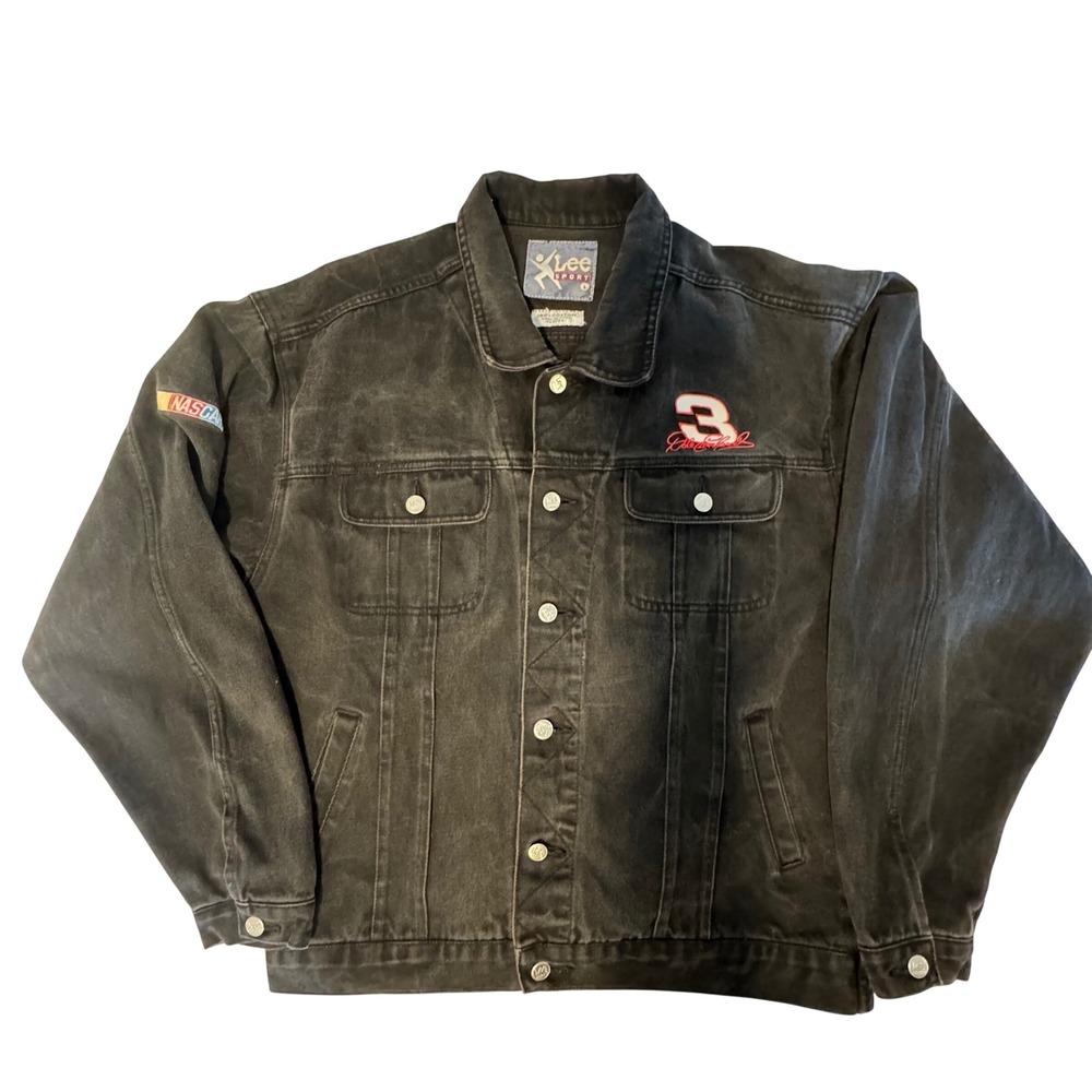 Lee Sport Dale Earnhardt NASCAR Mens Black Denim Jacket Size L Vintage Racing